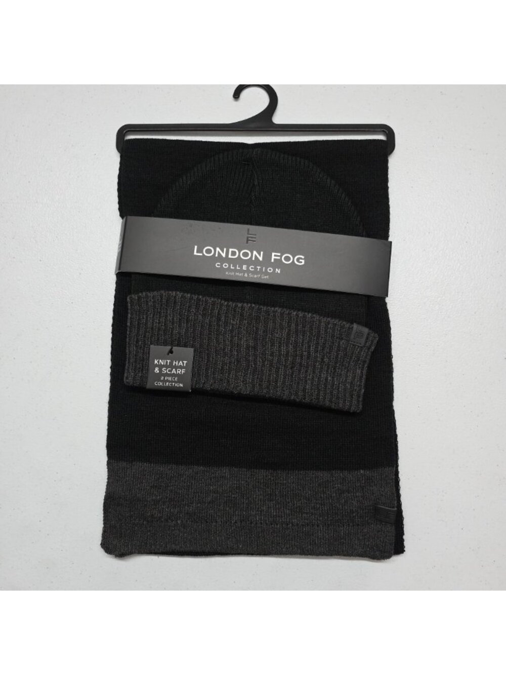 London Fog Collection Knit Beanie Hat & Scarf Set Mens OSFM Black & Gray New